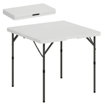 TAVOLO DA CAMPEGGIO PIEGHEVOLE CON 2 ALTEZZE REGOLABILI IN HDPE E METALLO, 86X86X74 CM, BIANCO