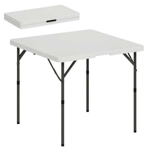 TAVOLO DA CAMPEGGIO PIEGHEVOLE CON 2 ALTEZZE REGOLABILI IN HDPE E METALLO, 86X86X74 CM, BIANCO