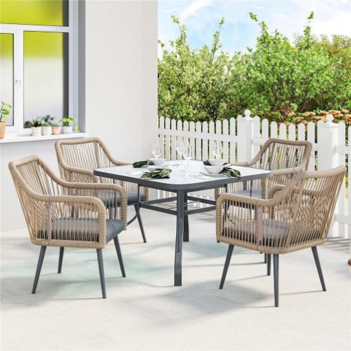 SET 2 SEDIE DA GIARDINO CON CUSCINI E BRACCIOLI, IN ACCIAIO E RATTAN PE, 54X65X80 CM, GRIGIO SCURO