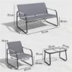 Set da Giardino 4 pz con Divano 2 Posti, 2 Sedie e Tavolino, Struttura in Metallo Grigio