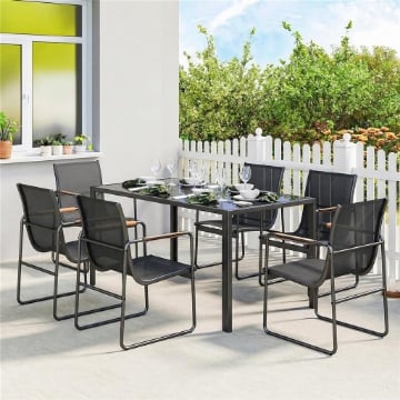 Set Tavolo e 6 Sedie da Giardino con Braccioli in Acciaio e Vetro, Nero