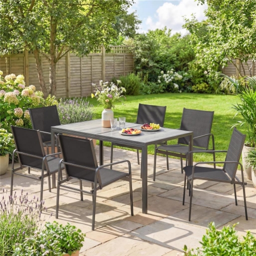 Set da Giardino con Tavolo e 6 Sedie da Pranzo con Braccioli in Acciaio, Nero