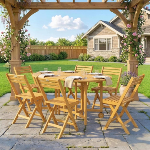 SET PRANZO 7 PEZZI, TAVOLO ESTENSIBILE LEGNO E 6 SEDIE PIEGHEVOLI PER GIARDINO