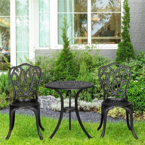 Set da Giardino 3pz con 2 Sedie da Esterno e Tavolino in Vetro con Foro per Ombrellone, in Alluminio, Nero