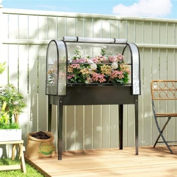 Letto per Orto Rialzato con Copertura Mini Serra e Foro di Drenaggio, 100x49x136 cm, Nero