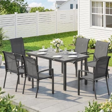 Set da Esterno 7pz con Tavolo da Giardino a 2 Sezioni e 6 Sedie Impilabili in Texteline, Grigio