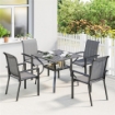 Set da Giardino 5 pz in Acciaio con 4 Sedie Impilabili e Tavolo con Foro Centrale e Ripiano Inferiore, Grigio