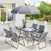 SET DA GIARDINO 8 PZ CON OMBRELLONE, 6 SEDIE PIEGHEVOLI E TAVOLO DA ESTERNO IN VETRO TEMPERATO, GRIGIO