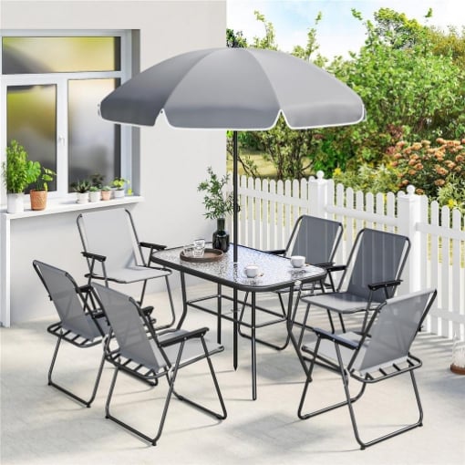 SET DA GIARDINO 8 PZ CON OMBRELLONE, 6 SEDIE PIEGHEVOLI E TAVOLO DA ESTERNO IN VETRO TEMPERATO, GRIGIO