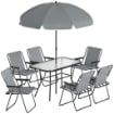 SET DA GIARDINO 8 PZ CON OMBRELLONE, 6 SEDIE PIEGHEVOLI E TAVOLO DA ESTERNO IN VETRO TEMPERATO, GRIGIO