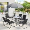 Set da Giardino 8 pz con Ombrellone, 6 Sedie Pieghevoli e Tavolo da Esterno in Vetro Temperato, Nero