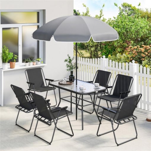 Set da Giardino 8 pz con Ombrellone, 6 Sedie Pieghevoli e Tavolo da Esterno in Vetro Temperato, Nero