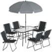 Set da Giardino 8 pz con Ombrellone, 6 Sedie Pieghevoli e Tavolo da Esterno in Vetro Temperato, Nero