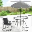 Set da Giardino 8 pz con Ombrellone, 6 Sedie Pieghevoli e Tavolo da Esterno in Vetro Temperato, Nero