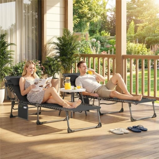 SET 2 LETTINI PRENDISOLE DA GIARDINO PIEGHEVOLI E RECLINABILI SU 5 LIVELLI CON CUSCINI, 57X200X38 CM, NERO