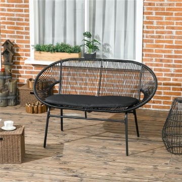 DIVANO DA GIARDINO 2 POSTI IN RATTAN PE E ACCIAIO CON CUSCINI E BRACCIOLI, 132X72X83 CM, NERO