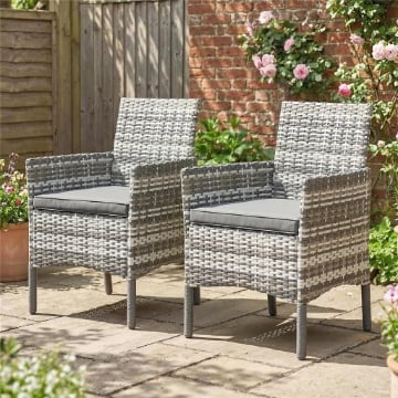 Set di 2 Sedie da Giardino in Rattan con Cuscini e Braccioli, Grigio
