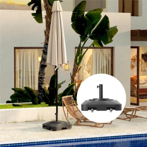 Base per Ombrellone a Rotelle e Riempibile con Acqua o Sabbia, in HDPE, 48x48x32.5 cm, Nero