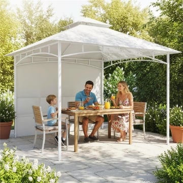 Gazebo da Giardino 3x3 m in Metallo con Tende, Tasche Portaoggetti e Gancio a Soffitto, Bianco Crema