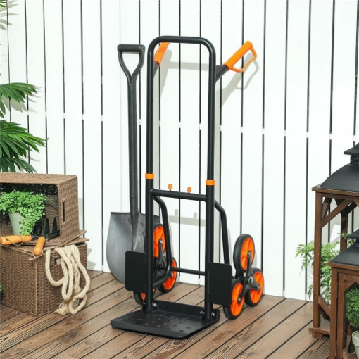 Carrello Portapacchi per Scale 6 Ruote, Pieghevole, Portata 120kg, in Acciaio, per Trasloco, Giardinaggio, Arancione