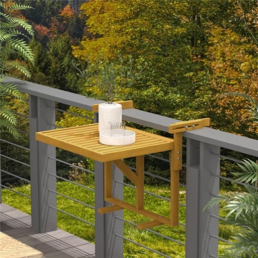 TAVOLINO DA RINGHIERA PER BALCONE PIEGHEVOLE E REGOLABILE IN LEGNO, COLORE LEGNO