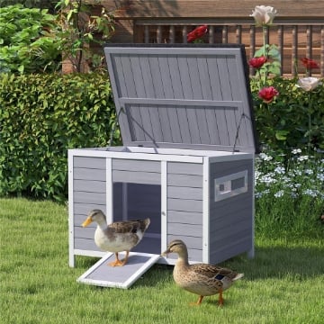 CASETTA PER ANATRE CON TETTO APRIBILE, FINESTRELLE E RAMPA, IN LEGNO, 93X70X72 CM, MULTICOLORE