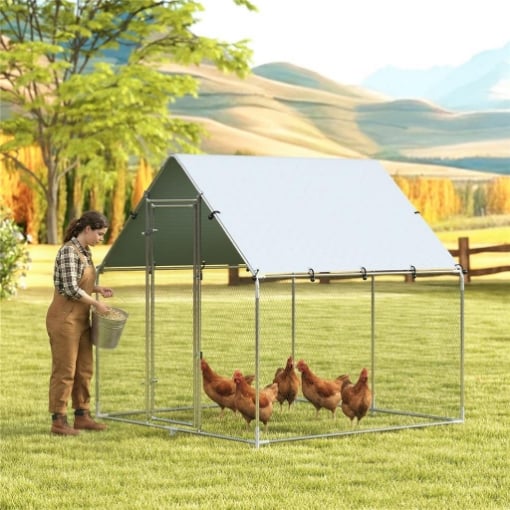 POLLAIO PER GALLINE DA ESTERNO CON TETTO E SERRATURE, IN ACCIAIO ZINCATO, 2X2X2 M, ARGENTO