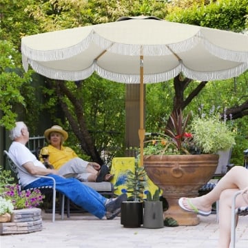Ombrellone da Giardino Rotondo 2.7x2.4 m con Manovella, in Metallo e Poliestere, Beige