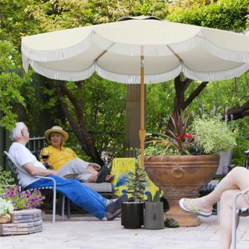 Ombrellone da Giardino Rotondo 2.7x2.4 m con Manovella, in Metallo e Poliestere, Beige