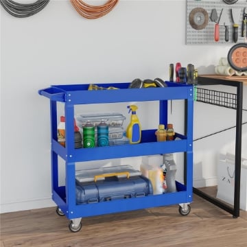 Carrello Porta Attrezzi a 3 Livelli in Acciaio con Bordi Alti e 4 Ruote Girevoli, 83x35.3x76 cm, Blu