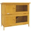 CONIGLIERA A 2 LIVELLI IN LEGNO DI ABETE E BITUME CON RAMPA, 2 VASSOI ESTRAIBILI 4 PORTE, 97X44X91 CM, GIALLO