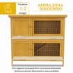 CONIGLIERA A 2 LIVELLI IN LEGNO DI ABETE E BITUME CON RAMPA, 2 VASSOI ESTRAIBILI 4 PORTE, 97X44X91 CM, GIALLO