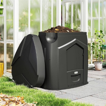 Compostiera da Giardino Triangolare Girevole con 3 Porte, 78x75x78 cm, Nero