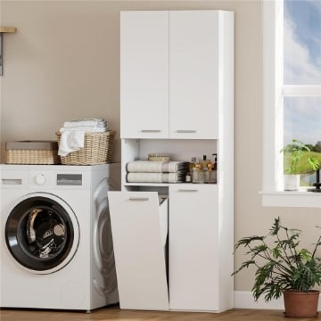 MOBILE DA BAGNO A 2 ANTE CON CESTO PORTABIANCHERIA A RIBALTA E RIPIANO APERTO, 60X30X174 CM, IN LEGNO, BIANCO