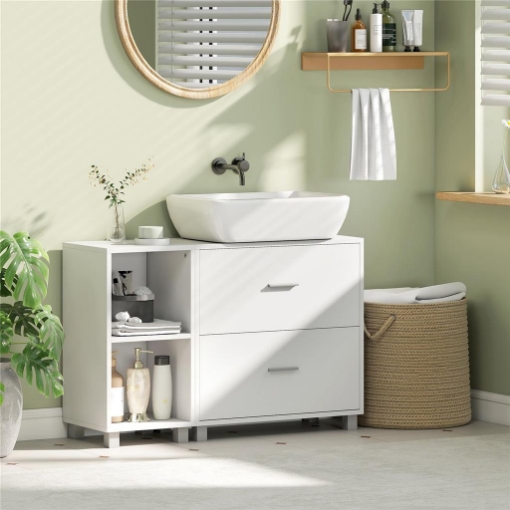 Mobile Sottolavabo Bagno con 2 Cassetti e Ripiani Aperti, in Legno, 90x30x60 cm, Bianco