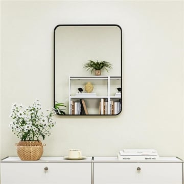 Specchio Bagno con Cornice in Metallo e Gancio, 60x2.5x80 cm, Nero
