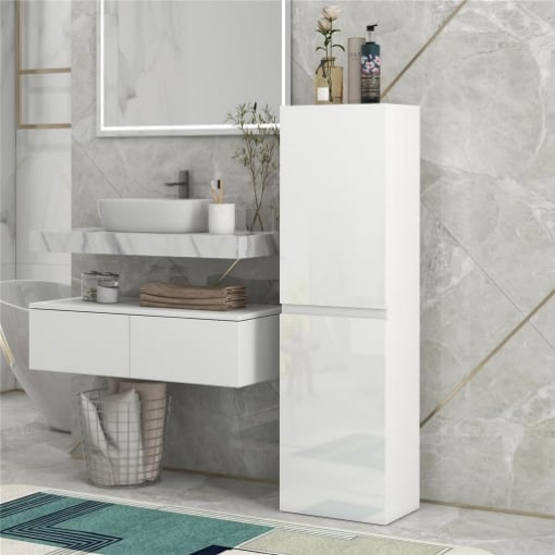 MOBILE BAGNO ALTO A COLONNA CON ANTE, 2 ARMADIETTI, MOBILETTO BAGNO SALVASPAZIO CON RIPIANI REGOLABILI PER SALA DA PRANZO SALOTTO SOGGIORNO, 35 X 25 X 120 CM, BIANCO LUCIDO