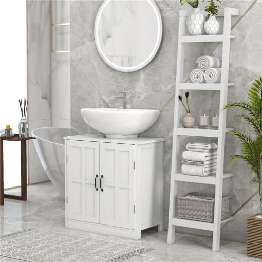 MOBILE PER LAVABO CON PIEDISTALLO, MOBILE SOTTO LAVABO CON 2 ANTE E SCAFFALE REGOLABILE, MOBILE DA BAGNO CON RITAGLIO A FORMA DI U, BIANCO