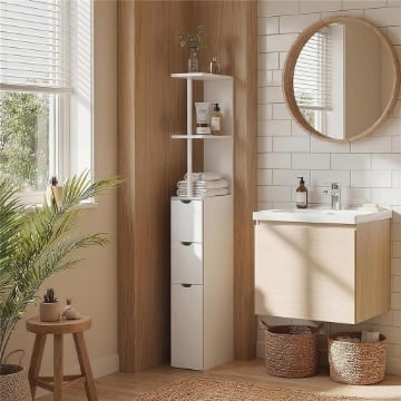 Colonna Bagno con Armadietto, Ripiani e Cassetti, in Legno, 15x33x136.8 cm, Bianco