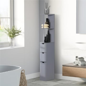 MOBILE COLONNA BAGNO CON RIPIANI APERTI E CASSETTI, IN LEGNO, 15X33X136.8 CM, GRIGIO
