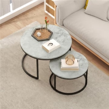 SET 2 TAVOLINI DA SALOTTO ROTONDI CON PIANO EFFETTO MARMO, IN LEGNO E METALLO, GRIGIO MARMO
