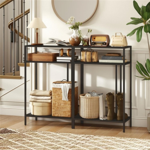 TAVOLO CONSOLLE CON RIPIANI APERTI A 3 LIVELLI, IN ACCIAIO, 55X30X85 CM, NERO