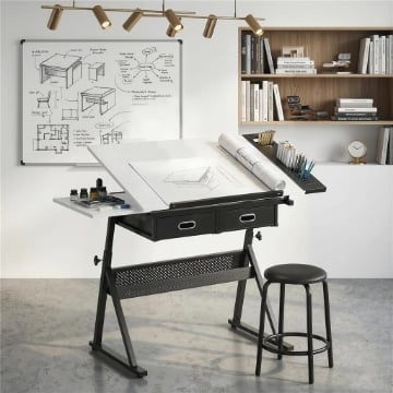TAVOLO DA DISEGNO REGOLABILE, SCRIVANIA E SGABELLO PER DISEGNO E LAVORO, BIANCO