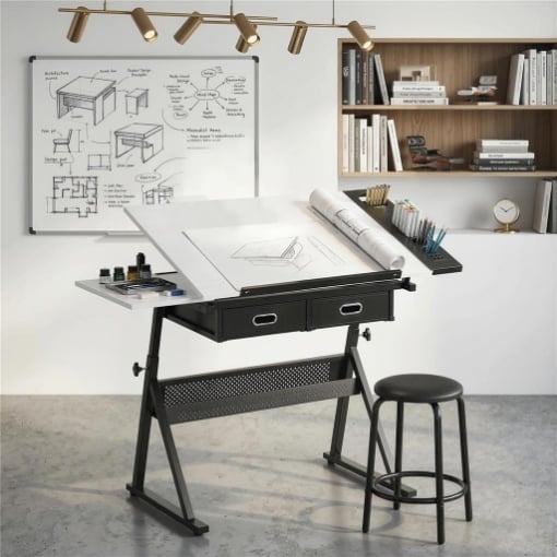 TAVOLO DA DISEGNO REGOLABILE, SCRIVANIA E SGABELLO PER DISEGNO E LAVORO, BIANCO