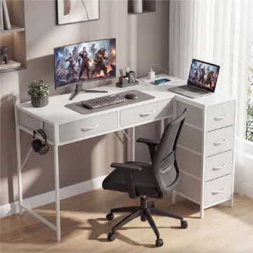 Scrivania Angolare a 6 Cassetti con Gancio Laterale e Prese Integrate, in Legno e Acciaio, 126x48x80 cm, Bianco