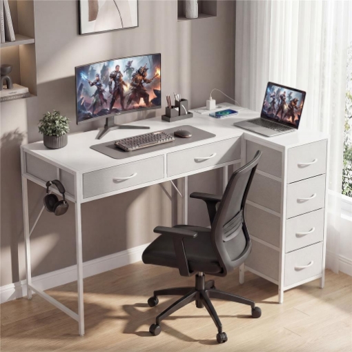 Scrivania Angolare a 6 Cassetti con Gancio Laterale e Prese Integrate, in Legno e Acciaio, 126x48x80 cm, Bianco