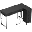 Scrivania Angolare a 6 Cassetti con Gancio Laterale e Prese Integrate, in Legno e Acciaio, 126x48x80 cm, Nero
