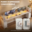 Scrivania Gaming 147 cm, Tavolo per Computer con Supporto CPU Regolabile e Reversibile, Luci RGB, Prese di Alimentazione, Porte USB e USB-C, Supporto Monitor e 3 Cassetti in Tessuto, Bianco