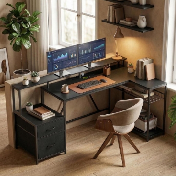 SCRIVANIA GAMING ANGOLARE CON HUB DI RICARICA, LUCI LED E SUPPORTO MONITOR, IN LEGNO E ACCIAIO, 192.5X80X86.5 CM, NERO