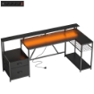 SCRIVANIA GAMING ANGOLARE CON HUB DI RICARICA, LUCI LED E SUPPORTO MONITOR, IN LEGNO E ACCIAIO, 192.5X80X86.5 CM, NERO